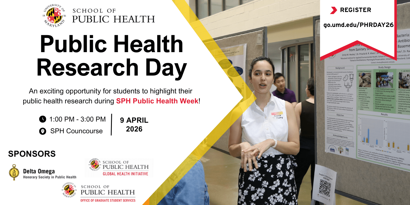 Public Health Research Day promotional banner featuring a student presenting a research poster in the SPH Concourse. Event details: April 9, 2026, 1:00–3:00 p.m., SPH Concourse