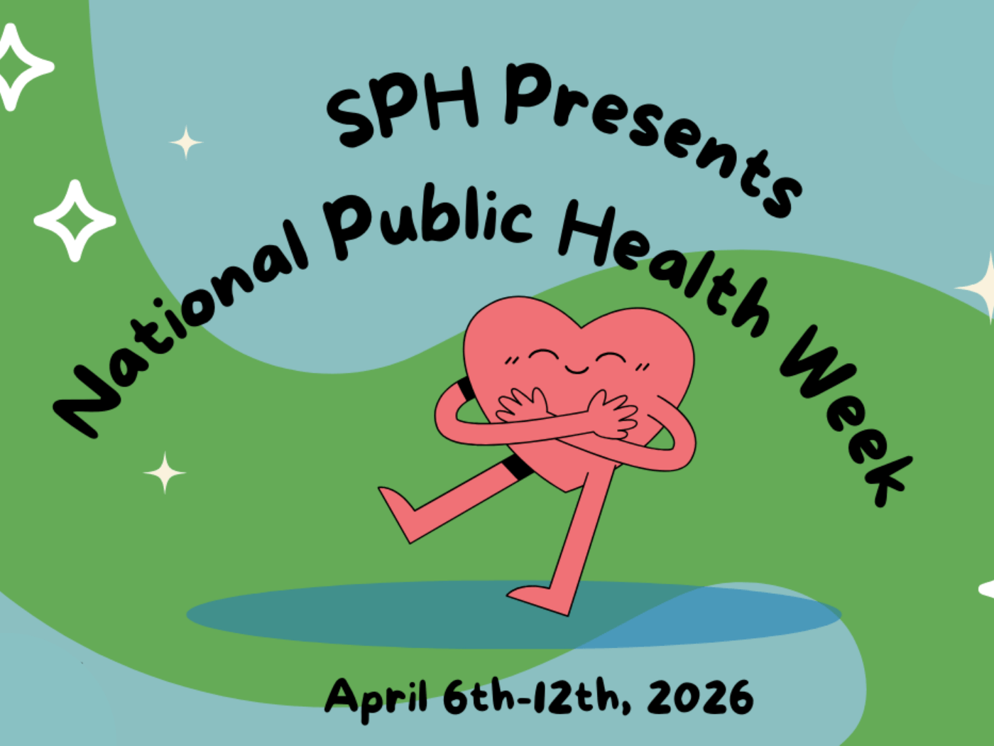 Green blue background for poster with smiling pink heart hugging itself for National Public Health Week