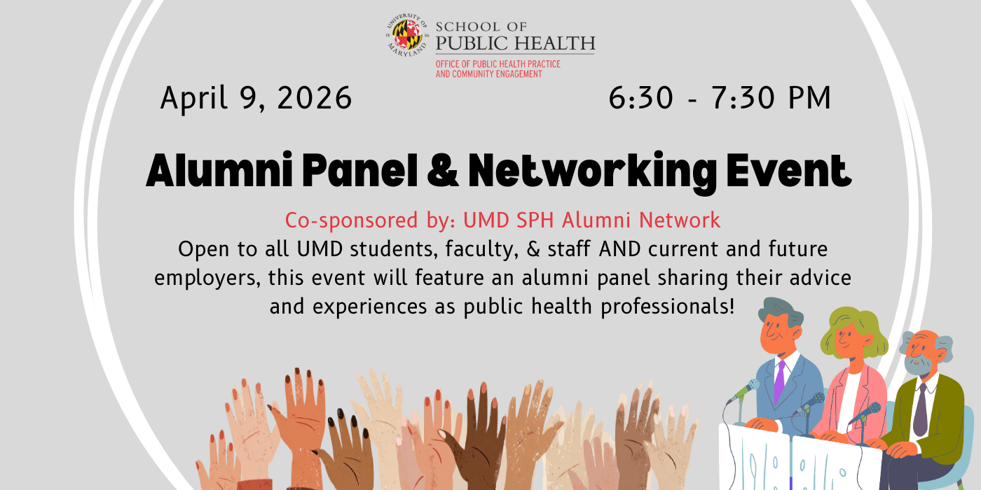 Grey background with black text advertising the alumni panel