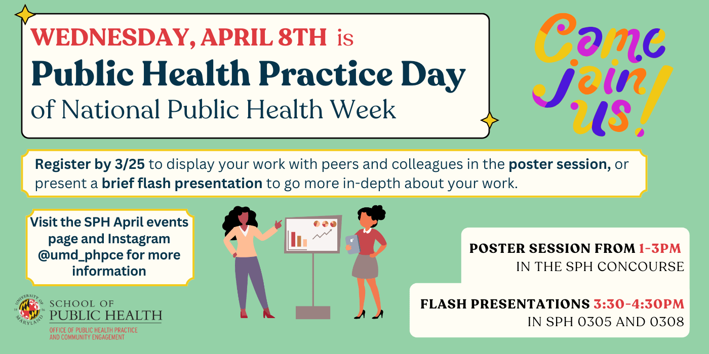 Green background black and white text for public health practice day