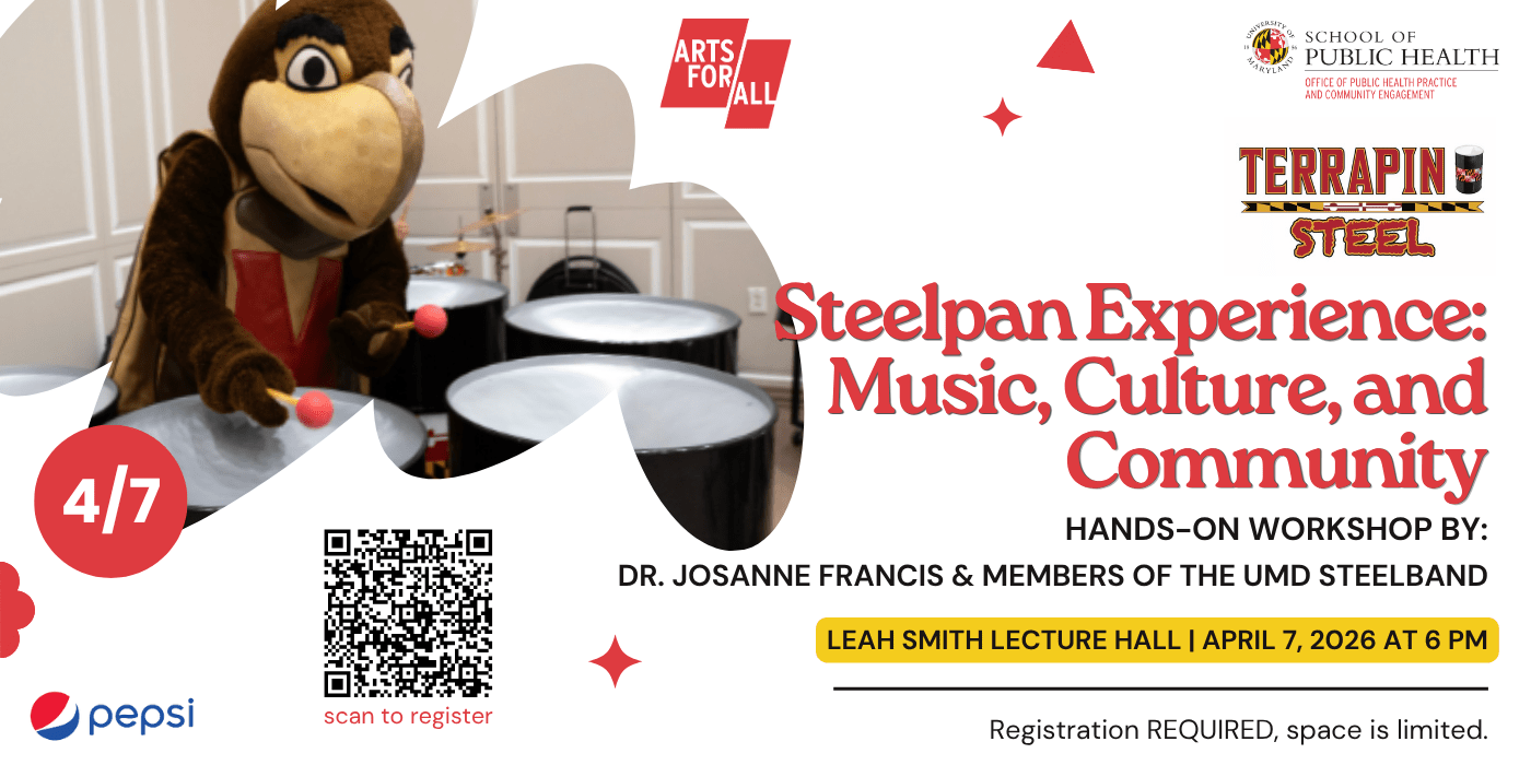 Black, white and red flyer describing the steelpan experience event