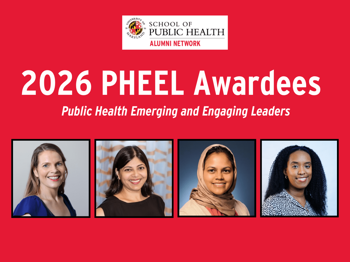 Graphic red background with SPH logo and words “PHEEL Awardees” with headshots of 4 women