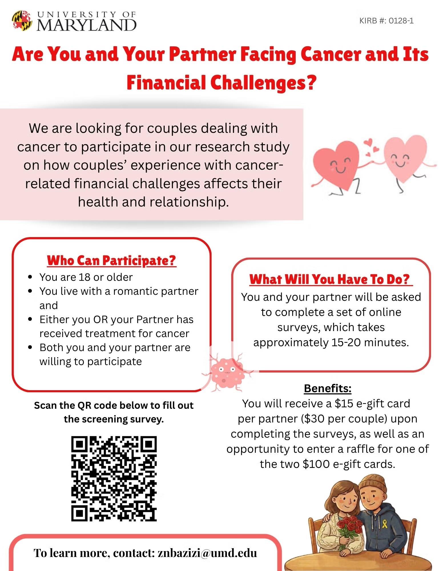 University of Maryland research flyer recruiting couples affected by cancer-related financial challenges. The headline reads, “Are You and Your Partner Facing Cancer and Its Financial Challenges?” A central text box explains that the study is for couples dealing with cancer and examines how cancer-related financial stress affects health and relationships. A section titled “Who Can Participate?” lists eligibility: age 18 or older, living with a romantic partner, either person has received cancer treatment, a