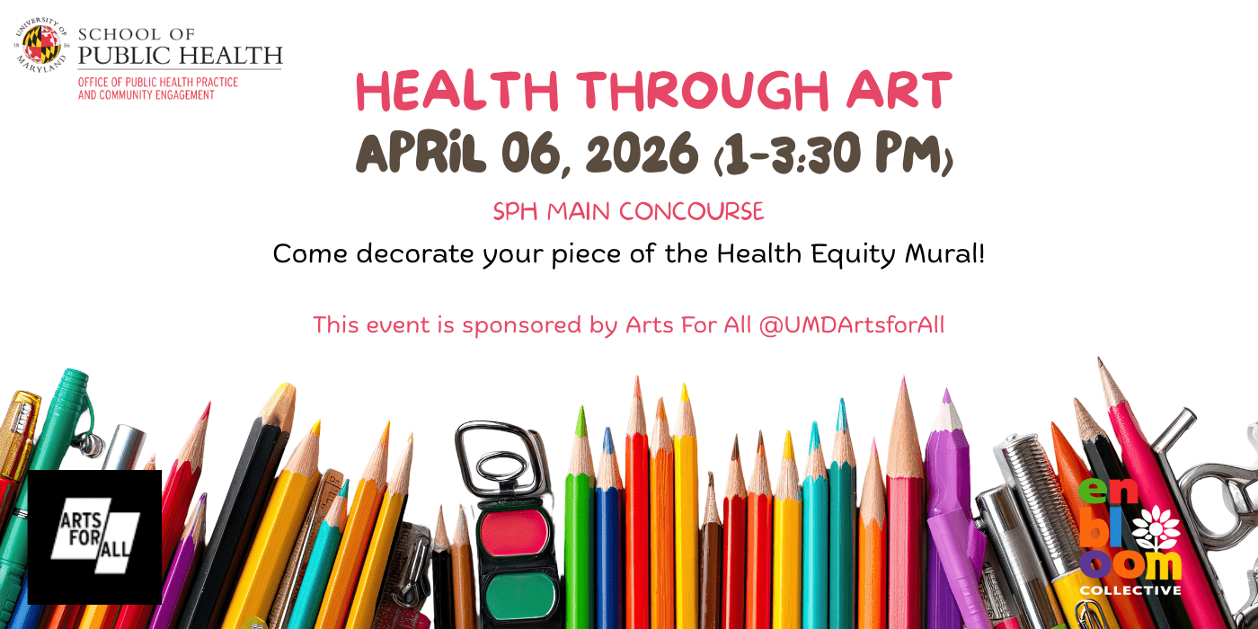 Black and red poster explaining details of the health through art event