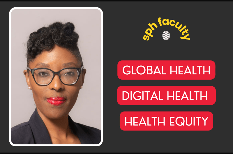 Black woman in glasses and dark suit top with title words to the right