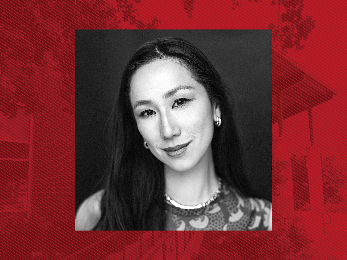 Black and white head shot of Asian woman with long black hair in a scoop neck top against a red background graphic of the School of Public Health