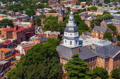 Aerial view of the Maryland State House and surrounding buildings in downtown Annapolis.