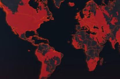 World map highlighted in red against a dark background.